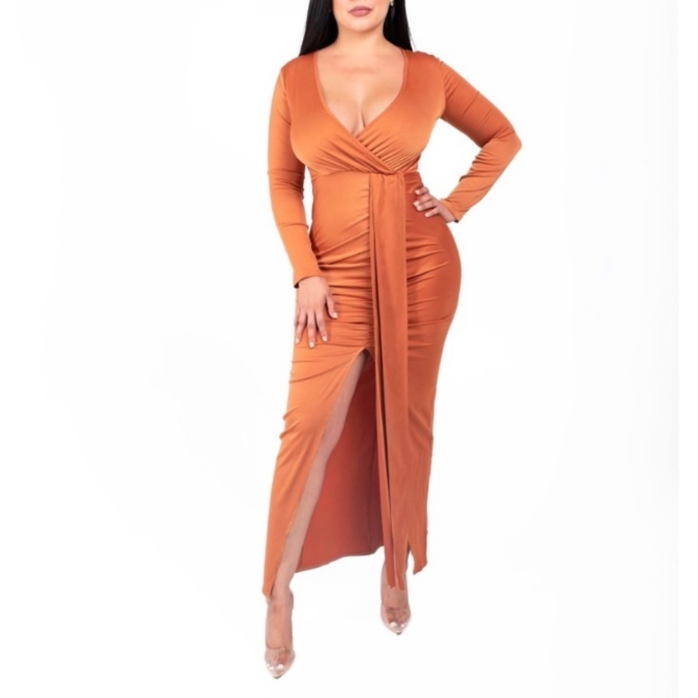 Dark orange Long Sleeve Wrap Maxi Dress